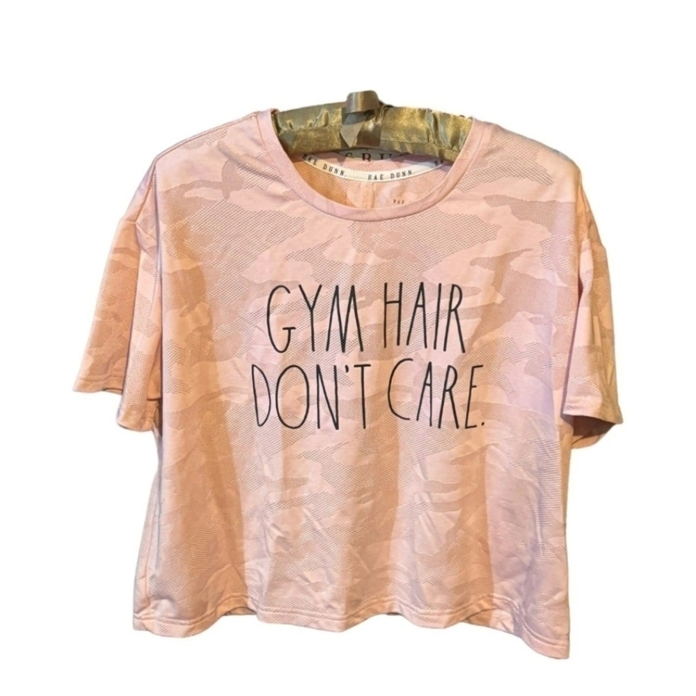 Rae Dunn Women's Camo "Gym Hair Don't Care" Open Back Flowy Shirt Size Medium